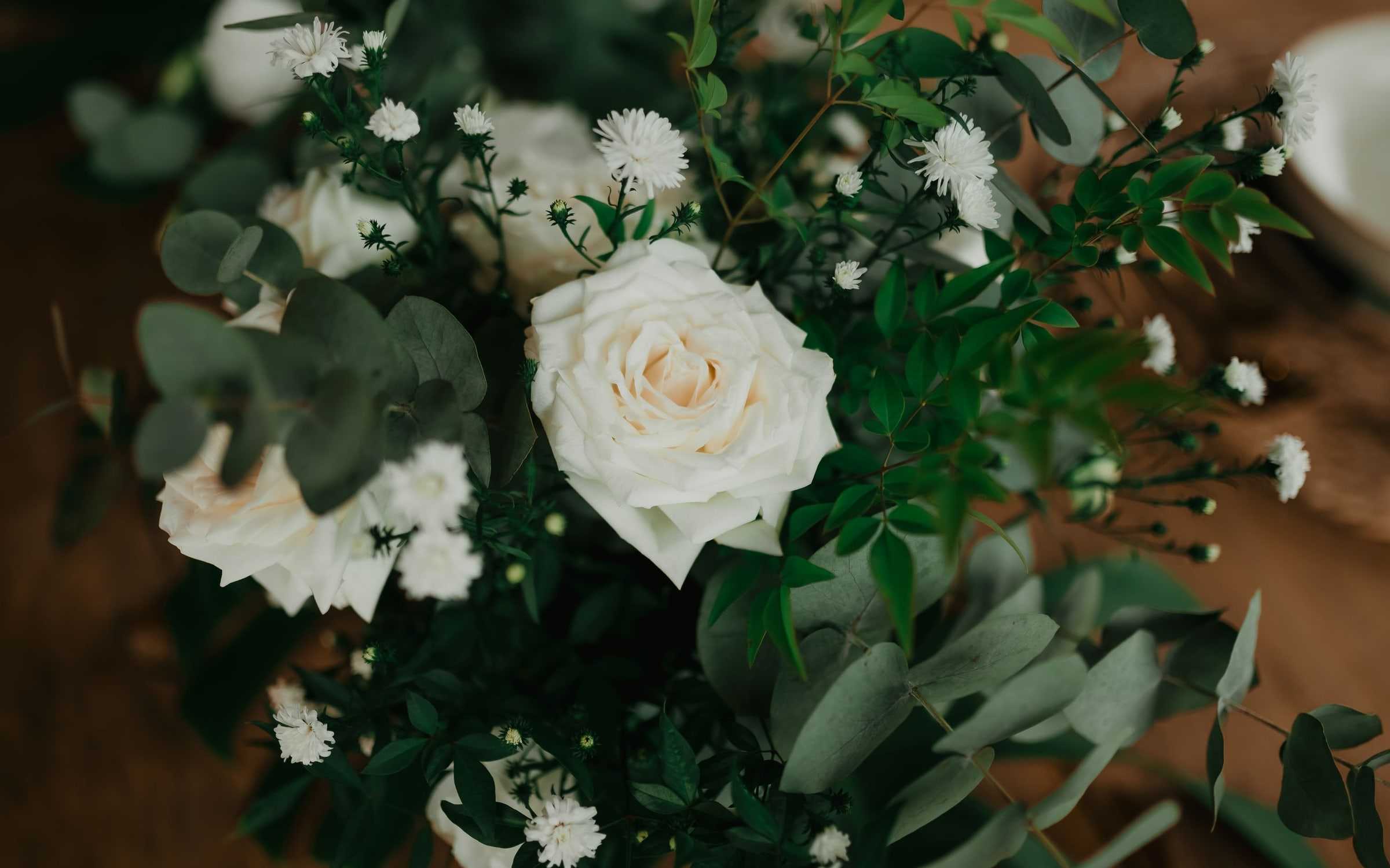 Strauß aus weißen Rosen, kleinen weißen Blüten und Eukalyptus, von oben gesehen